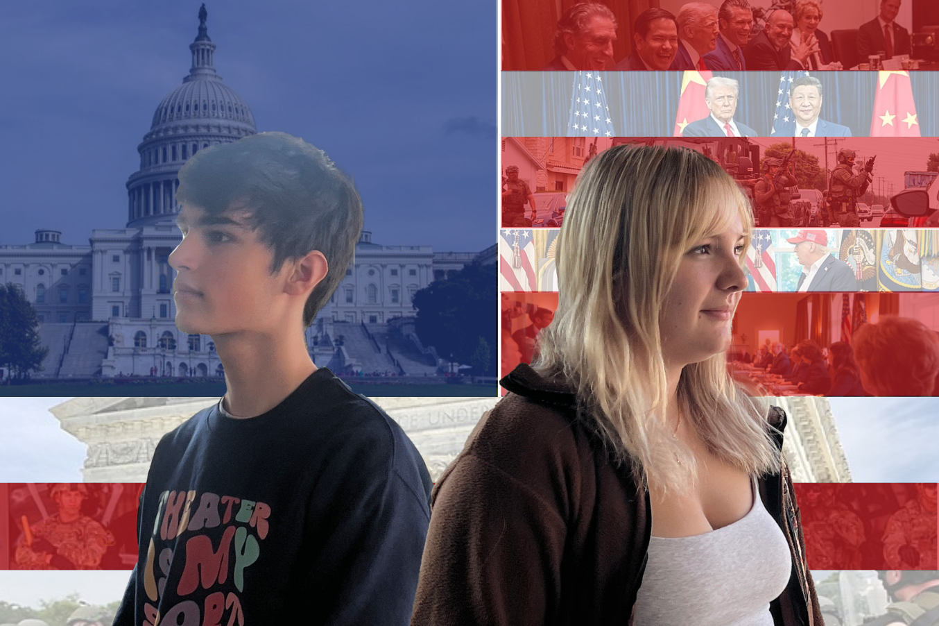 DEMOCRACY IN PERIL. With a rise in censorship, violence, political gridlock and government funding cuts, concern for the state of democracy rises. (Photo illustration made by Peter Ostrem with public domain photos from Wikimedia Commons)