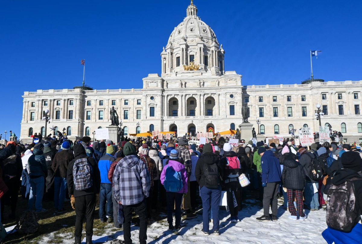 CRAMPED CROWD. Hundreds of students gathered on the snowy lawn in front of the Minnesota Capitol on Jan. 14.