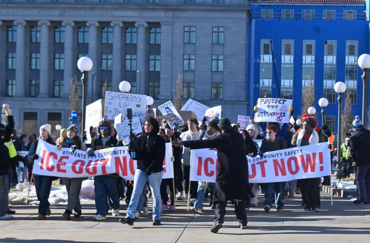 APPROACHING ON FOOT. Students from Central High School walked about 3 miles to the protest. 
