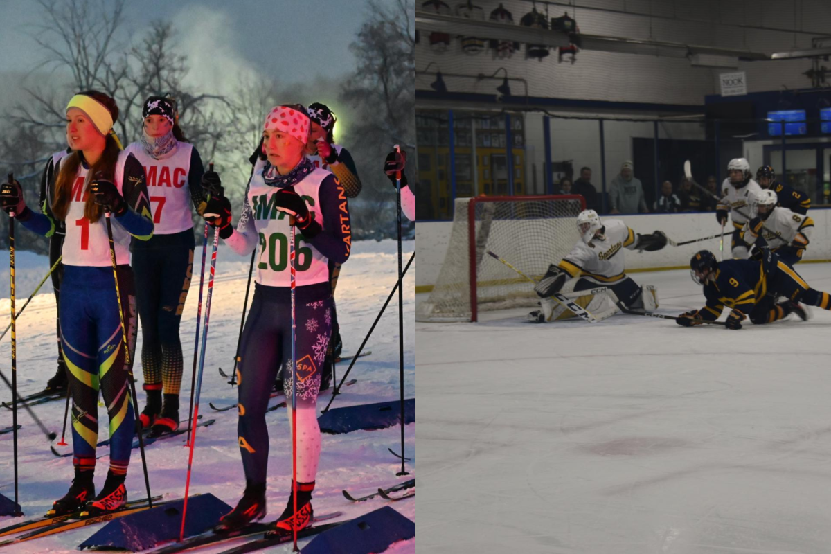 WINTER SPORTS. On the left Maren Overgaard prepares for Nordic ski race and on right, SPA Hockey goalie makes a save. (Photos from Ibid Flickr) 