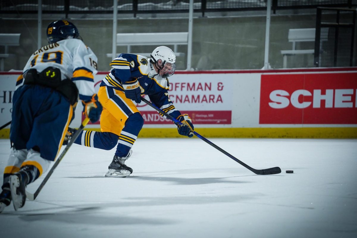 STEADY. Junior Axel Stayko is steady with he puck, bringing it down the ice.