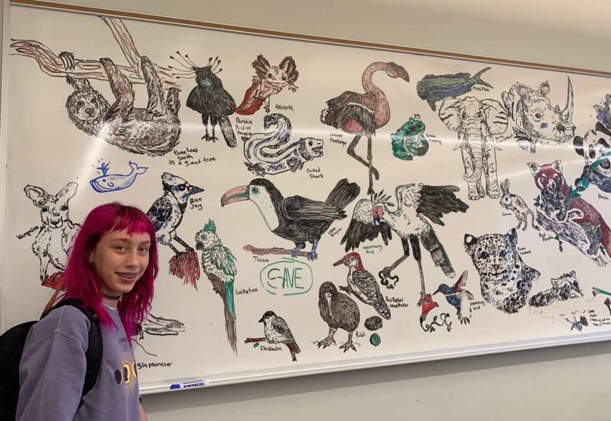 SAVE. Bryan smiles in front of her whiteboard, filled with her drawings and her favorite piece, a toucan. The word SAVE is written on the board to remind others not to erase it, preserving her work alongside the mix of student requests and her own creations.