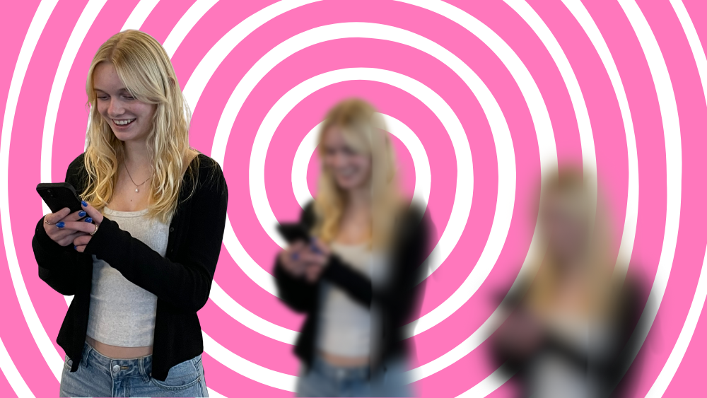 DOOMSCROLL. According to the American Psychological Association, teenagers spend five hours on social media daily. (Picture of Lucy Byrnes taken by Senetneb Theba; design created by Nabeeha Qadri)