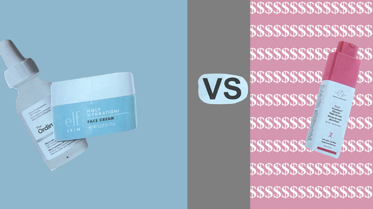 MARKETING MANIA. Products like Drunk Elephant's "T.L.C. Framboos™ Glycolic Resurfacing Night Serum" are popular among teens and tweens due to their flashy colors and accessibility. The marketing often causes people to overlook the large price tag attached, even when more inexpensive products like The Ordinary's "Niacinamide 10% + Zinc 1%" serum and elf's "Holy Hydration Face Cream" are readily available (Collage made by Izzy Middlebrook).