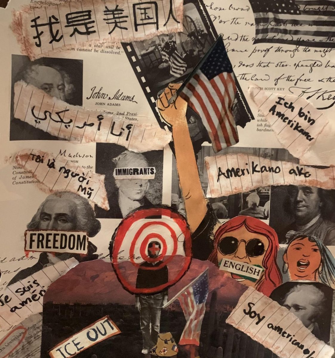 AUDIBLE BORDER. In a nation with millions of multilingual voices, the tongue has become the new territory for enforcement. This work explores the 'perpetual foreigner,' where an accent is no longer a map of heritage but a marker for suspicion. While the Founding Fathers' ink dryly promises liberty, modern profiling turns the 4th Amendment into a conditional privilege based on how one sounds. By centering the target on the individual, this piece asks: What becomes of a democracy when the sound of a voice is treated as a crime? Before silence becomes our language, we must defend the right to belong without explanation.