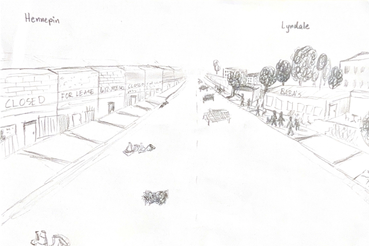 HENNEPIN AND LYNDALE. The two streets are compared with closed stores and no greenery and the opposite with trees and customers. 
