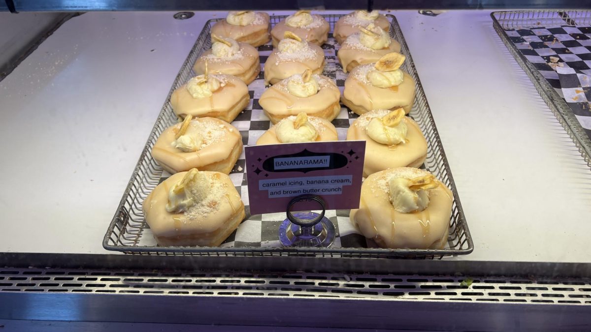 FUNKY FLAVORS. Among others, Glam Doll offers a banana cream donut called Bananarama. This is one of their many unique donut options.