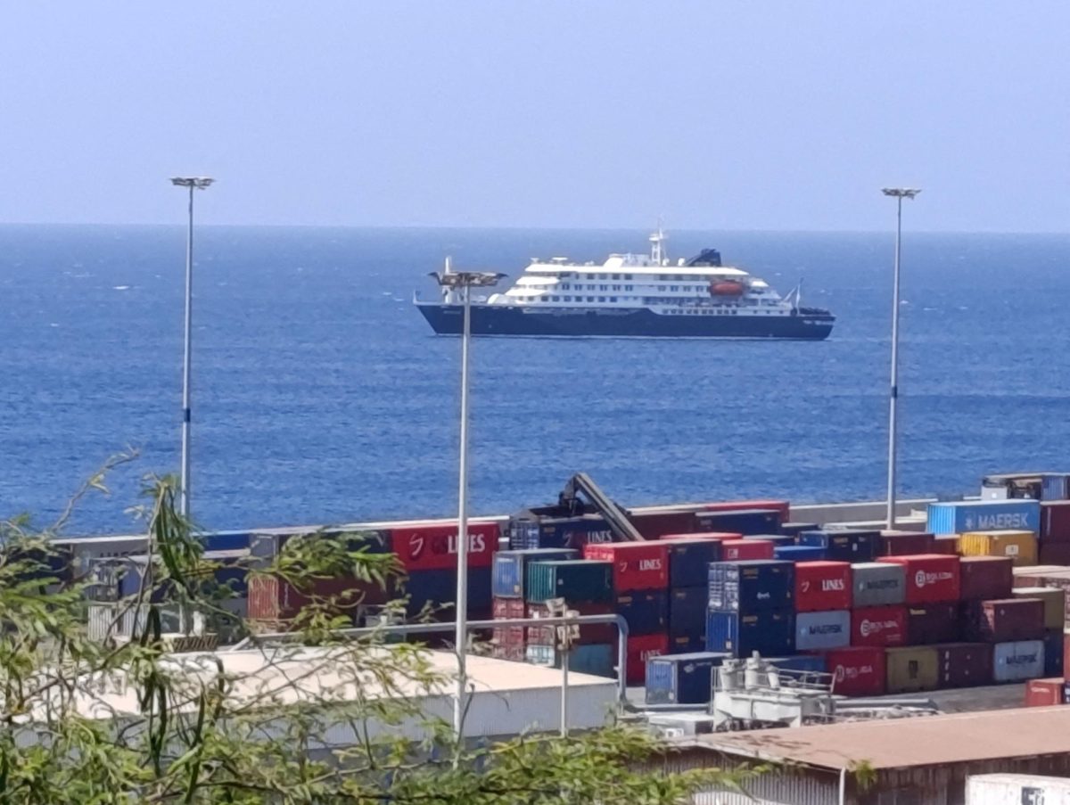 Cruise ship MV Hondius docks off Cape Verde port, as passengers were not allowed off the ship, while health authorities investigated suspected cases of hantavirus aboard the vessel, in Praia Port, Cape Verde, May 4, 2026. REUTERS/Stringer
