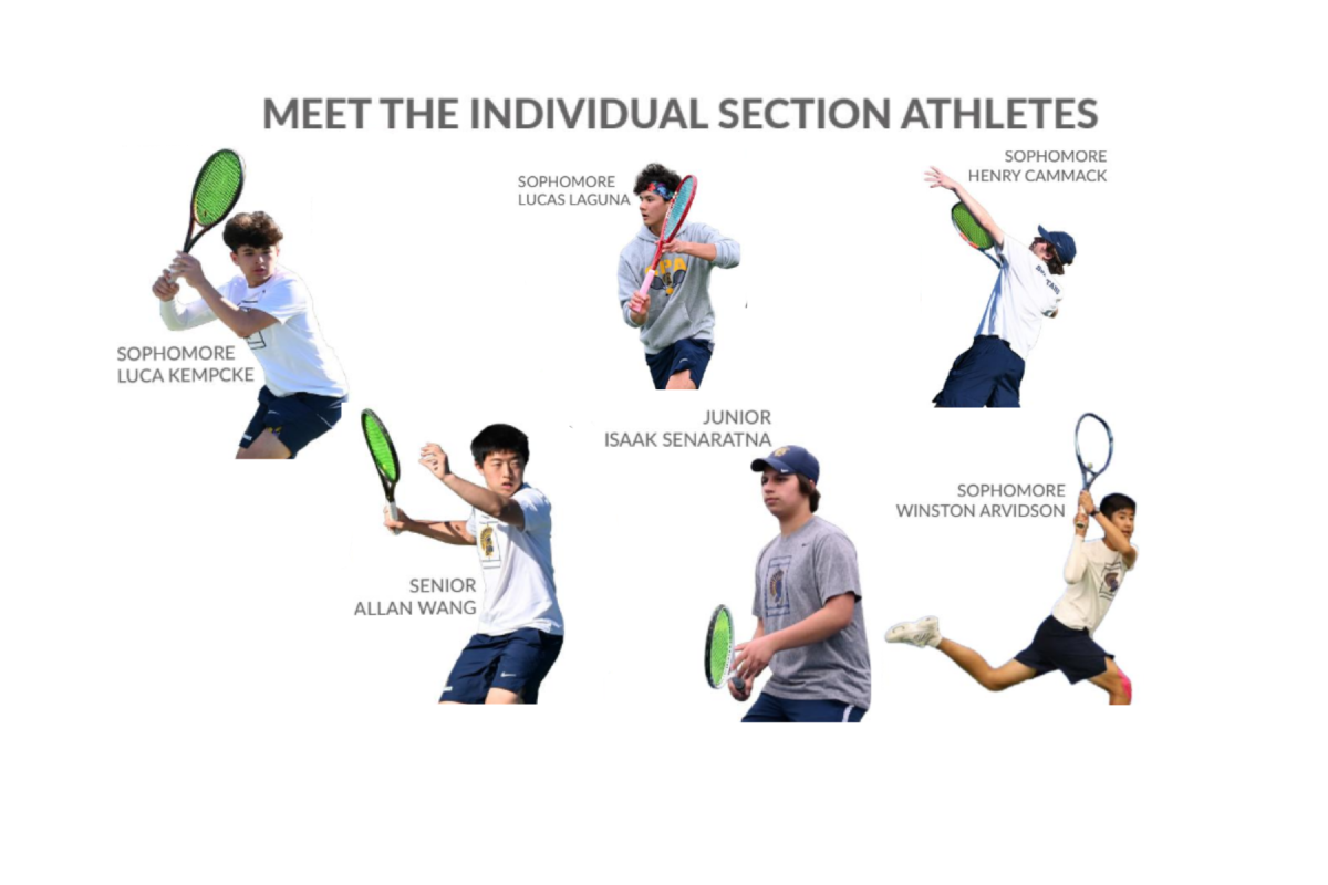 SECTIONS SQUAD. Boys varsity tennis qualified for state, with participants to be determined by performance in individual sections. Individual sections is different than team sections and allows athletes to qualify by themselves in both single or double matches. Sophomores Luca Kempcke and Lucas Laguna qualified for individual sections. Doubles partners senior Allan Wang and junior Isaak Senaratna and sophomore Winston Arvidson with sophomore Henry Cammack also qualified. (Photo Submitted by Winston Arvidson)