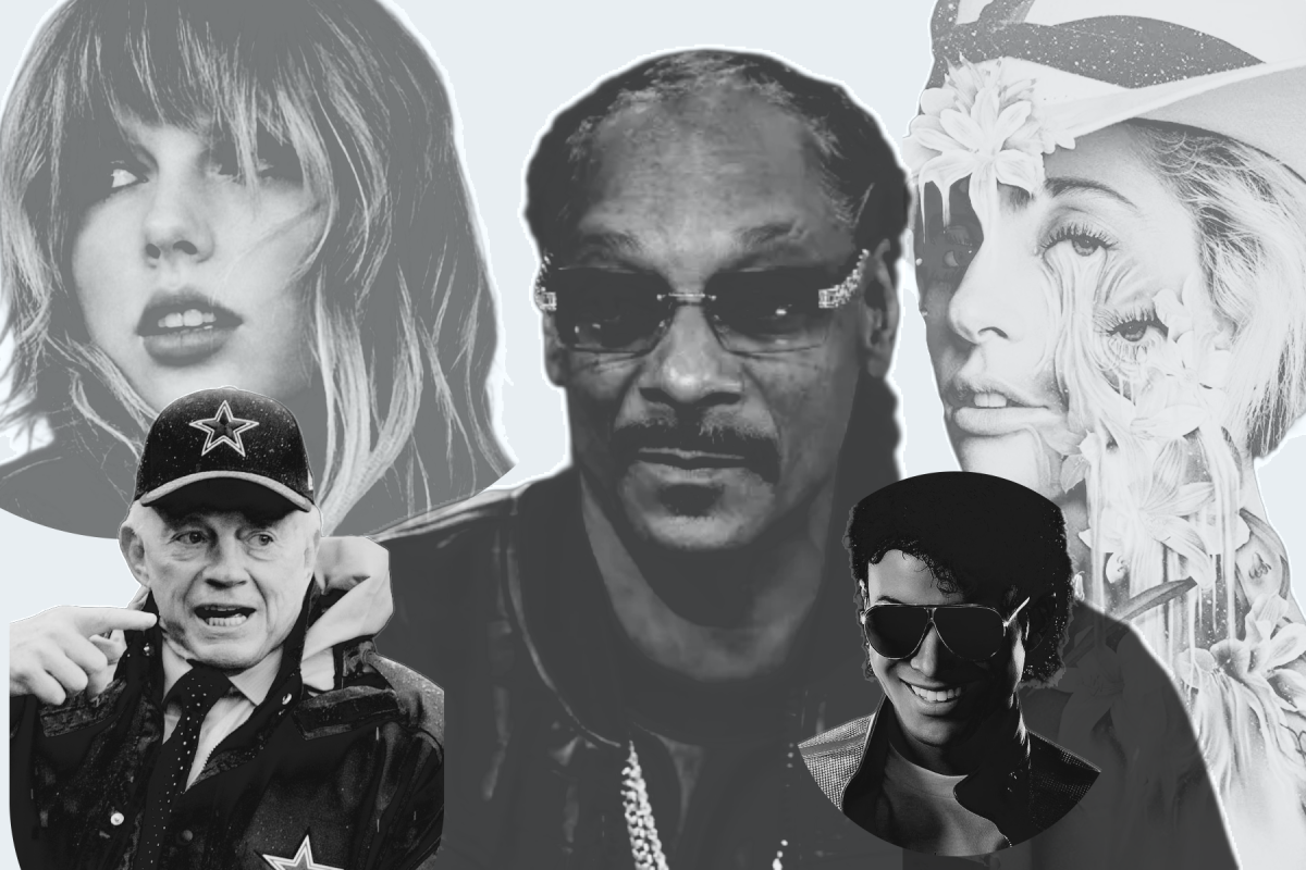 Gaga: Five Foot Two (Netflix, 2017), Snoop Dogg on “TODAY” (Nathan Congleton/NBC, October 17, 2024), Taylor Swift's Miss Americana (Netflix, 2020), Jerry Jones visits Landover (Wikimedia), Michael Jackson in Michael (Lionsgate, 2026).