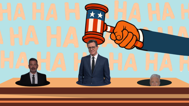 COMEDIC TIMING. Political satire has long served as a safeguard of democracy, using humor to challenge those in power and encourage civic engagement. But as politicians and corporations increasingly pressure media platforms and comedians through financial and political means, the future of satire — and the public’s ability to openly critique authority — faces growing threats. (Image created using Canva elements) 